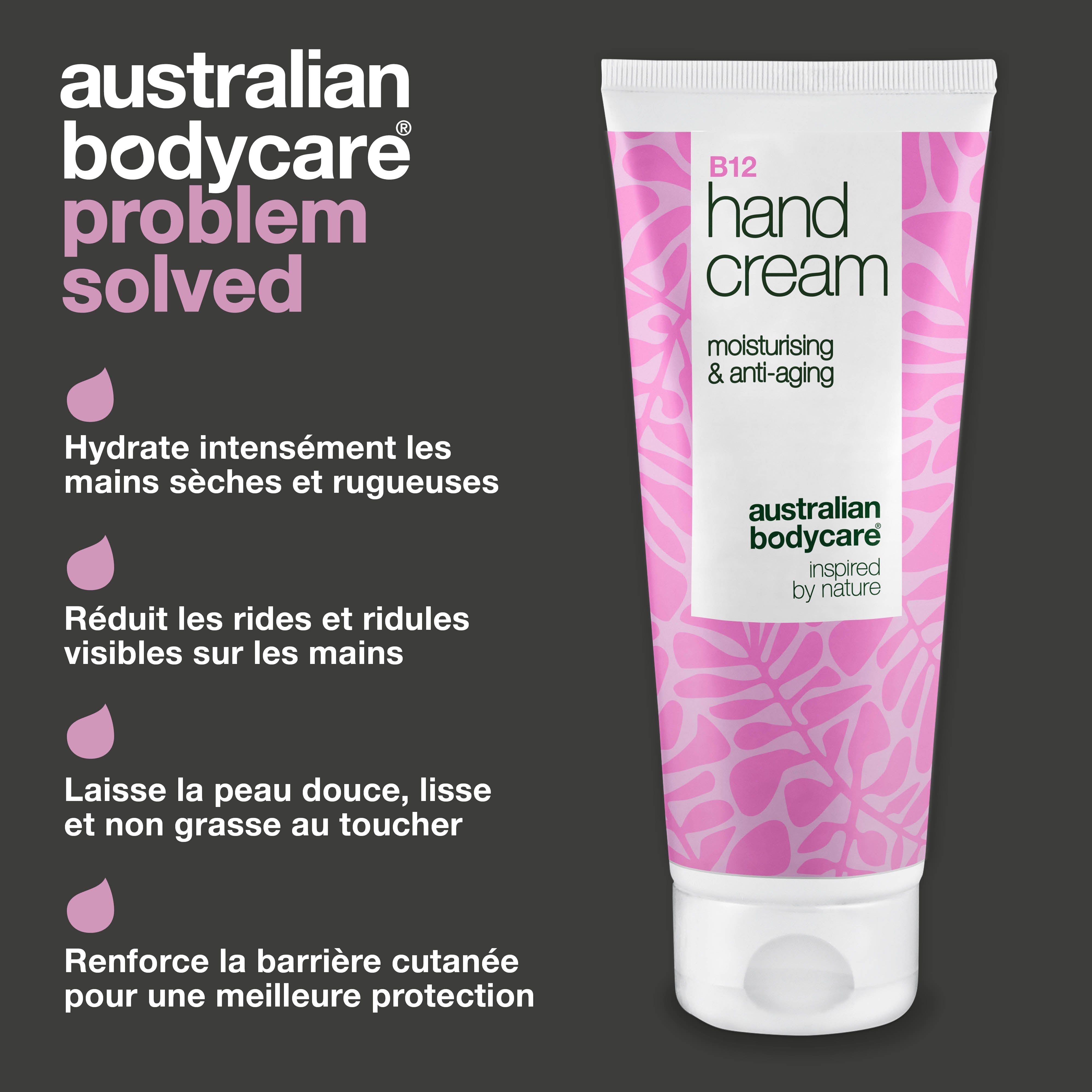 Crème pour les mains B12, hydratante et anti-âge. Design rose avec des feuilles. Marque : Australian Bodycare. Texte : Problème résolu.