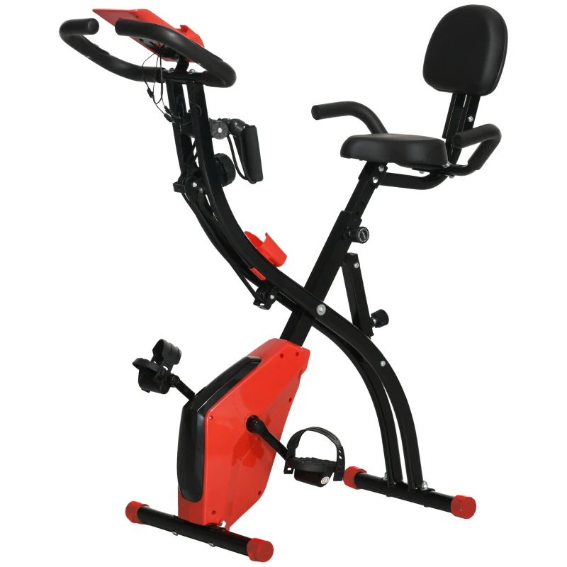 Opvouwbare hometrainer, rood en zwart. Met zitting, rugleuning, pedalen en stuur. Zwarte handgrepen, rood bedieningspaneel.