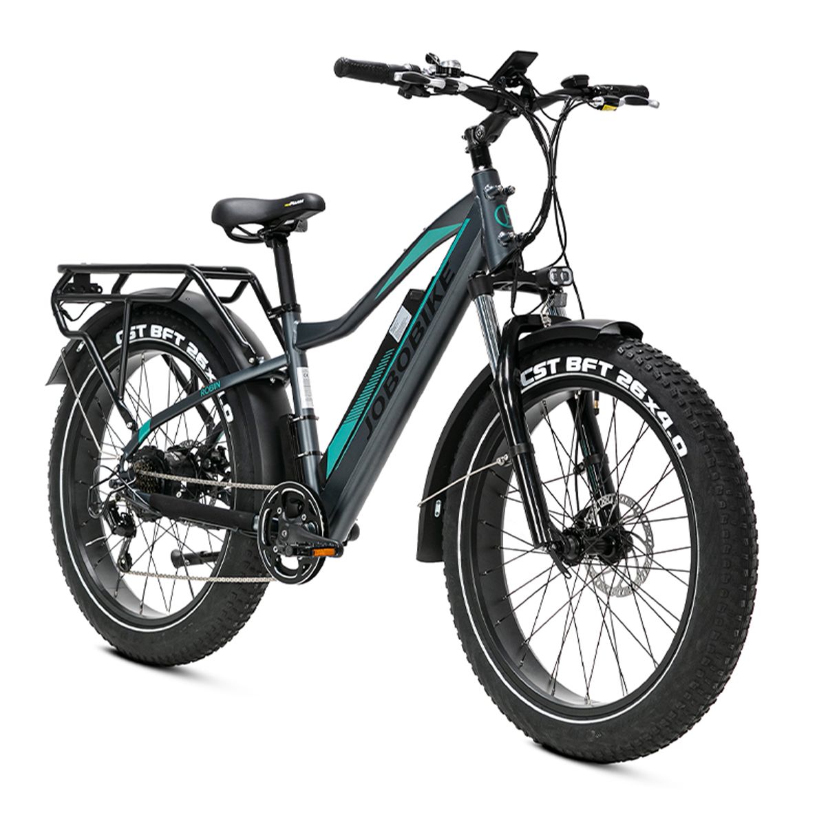 JOBOBIKE Robin elektrische fiets, grijs-turquoise. Brede banden, bagagedrager, spatborden. Zichtbare opschriften: JOBOBIKE, CST BFT 26x4.0.