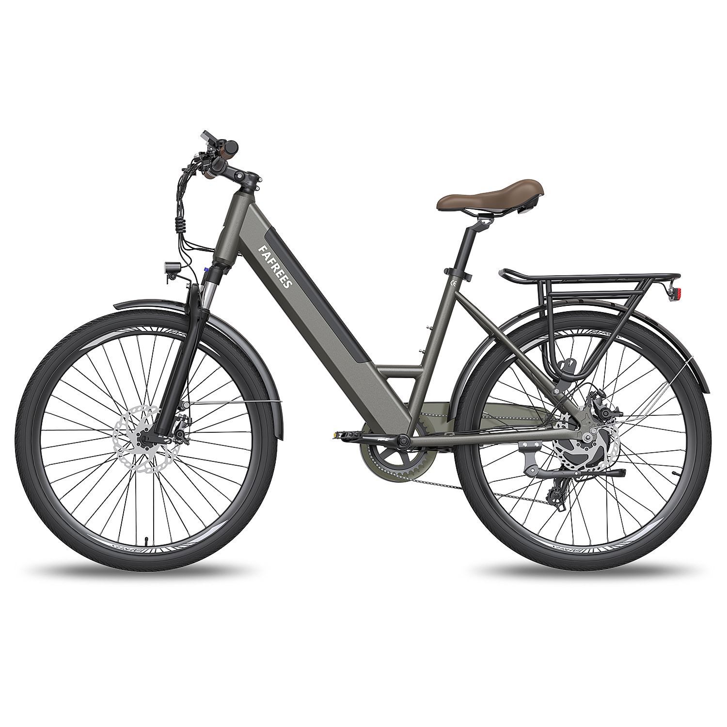 Vélo électrique gris FAFREES. Selle marron, porte-bagages. Garde-boue et pneus noirs. Vue latérale.