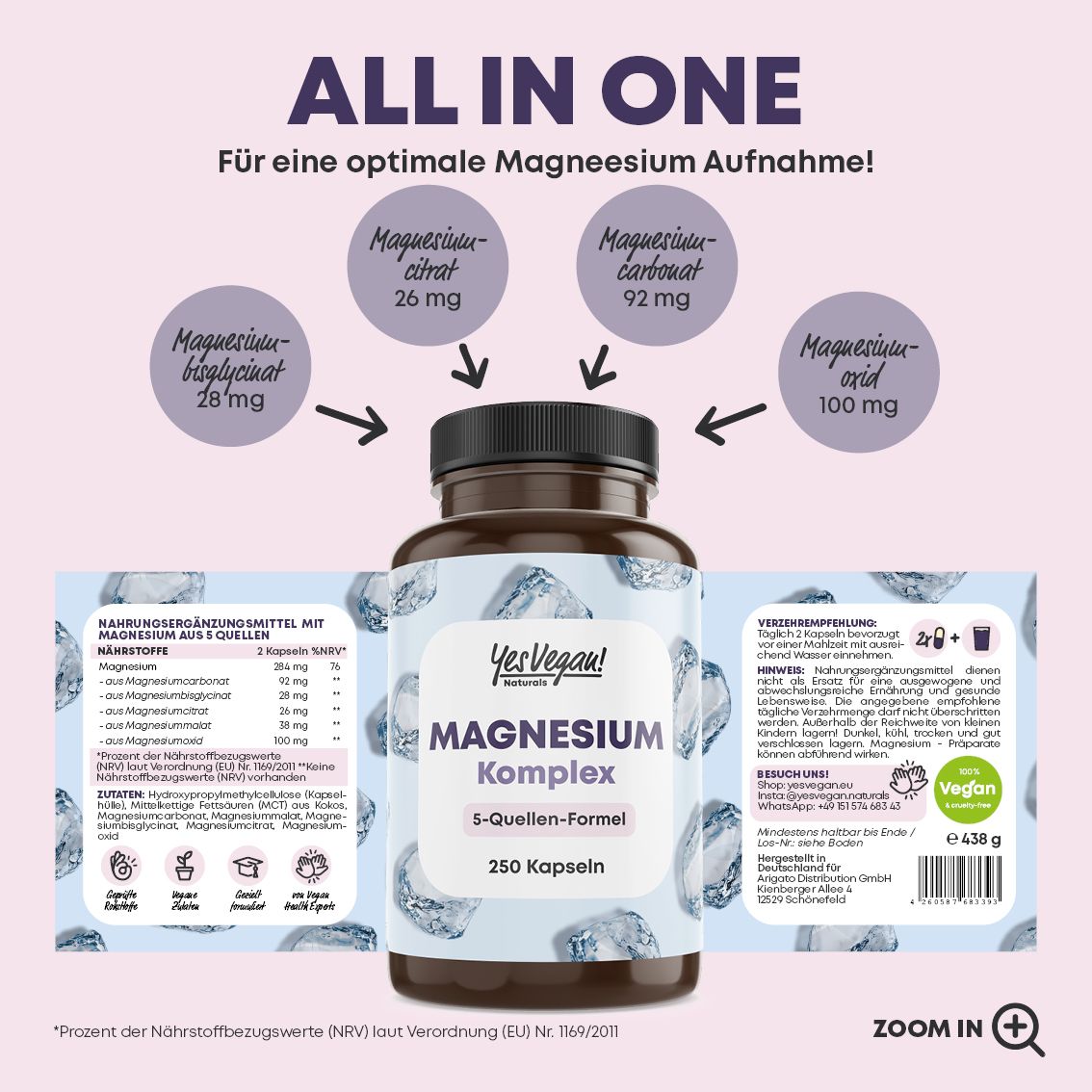 Flacon de 250 gélules de magnésium, formule 5 sources. Informations sur les ingrédients et l'absorption.
