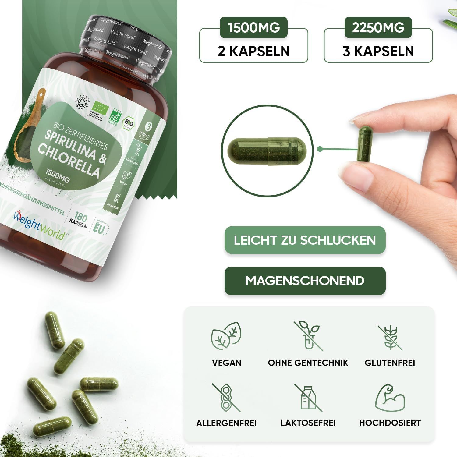 Flacon et gélules. Texte : 1500mg, 2 gélules. Facile à avaler, doux pour l'estomac. Végétalien, sans OGM, sans gluten.