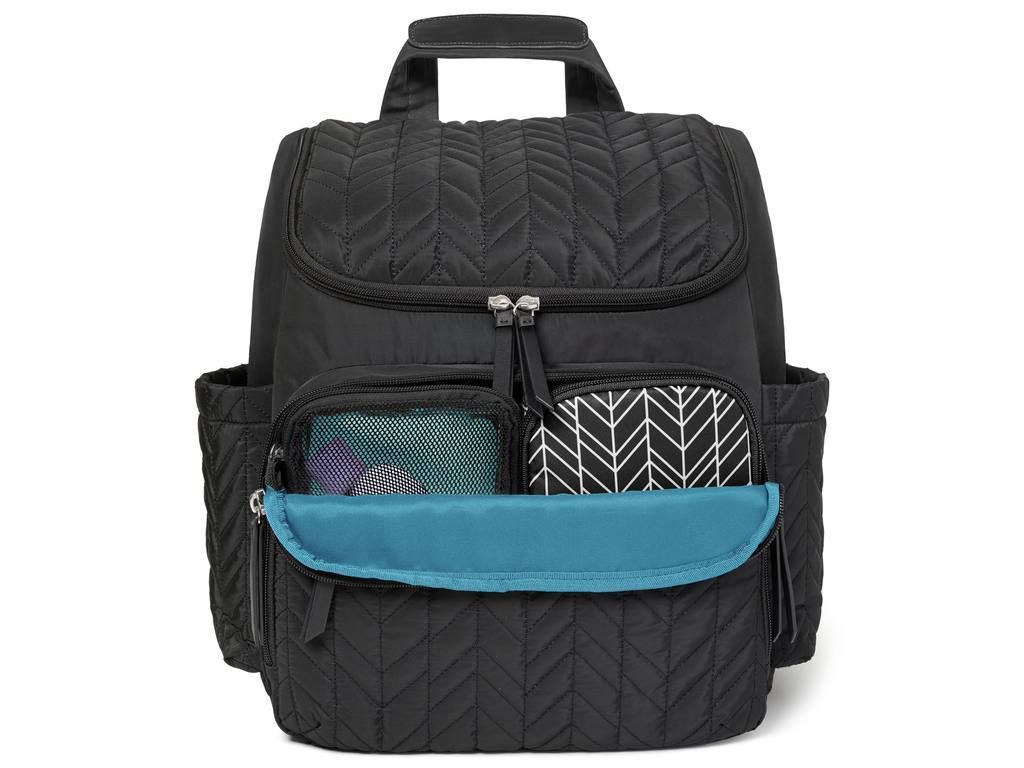 Zwarte luiertas met zigzagpatroon. Meerdere vakken, ritsen en handvat. Blauwe binnenzak zichtbaar.