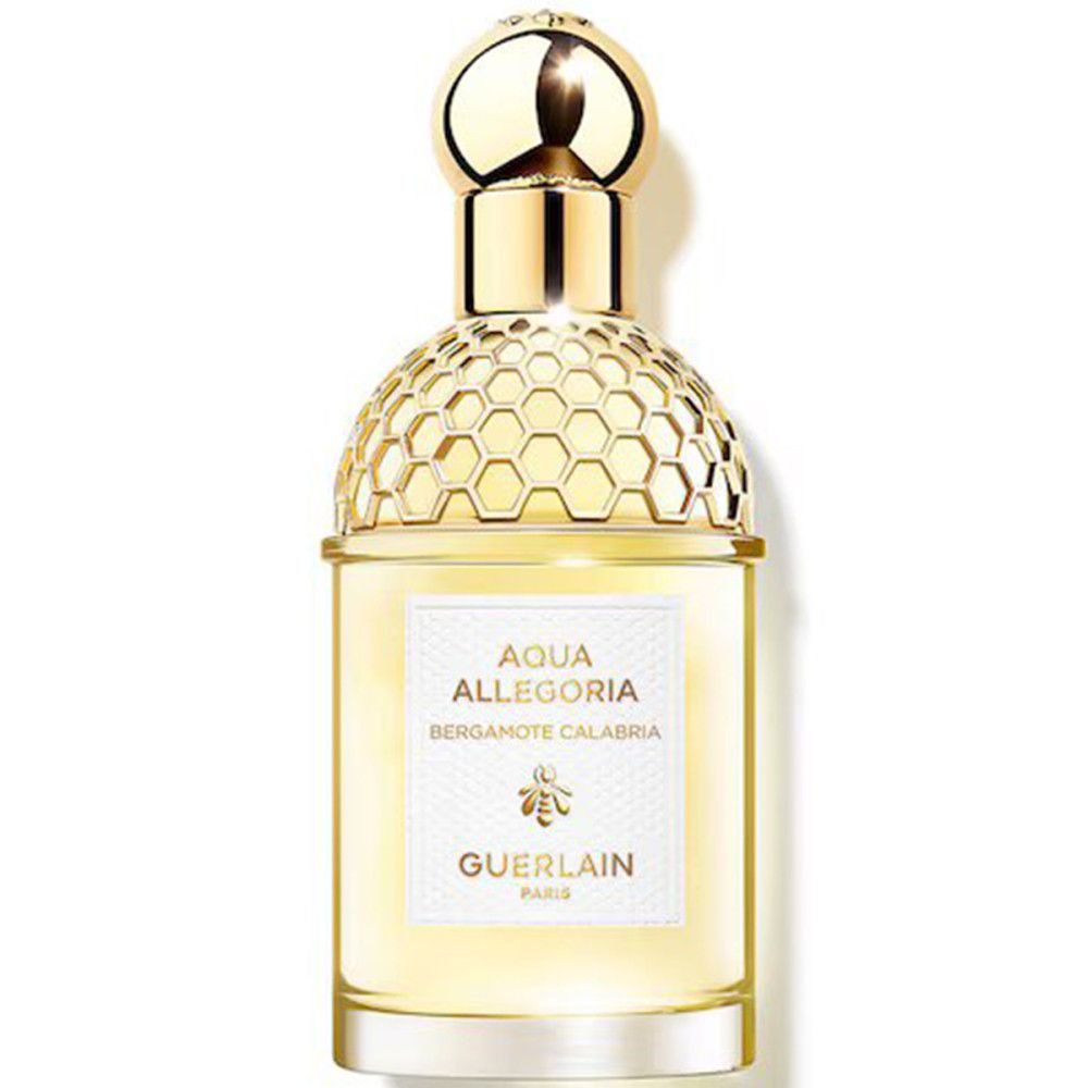 Flacon de parfum doré. Inscription : Aqua Allegoria Bergamote Calabria. Marque : Guerlain.