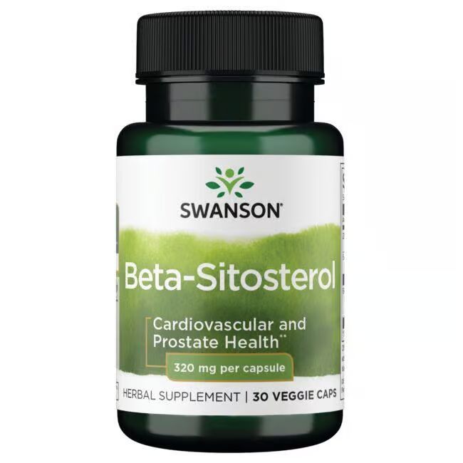 Groene fles met zwarte dop. Opschrift: SWANSON Beta-Sitosterol, 320 mg per capsule. Kruidensupplement, 30 Veggie Caps.