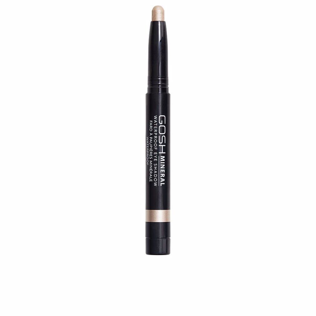 Gosh Mineral Waterproof Eye Shadow 010-Vanilla. Crayon noir avec fard à paupières beige. Texte: Waterproof Eye Shadow, Fard à paupières minérale.