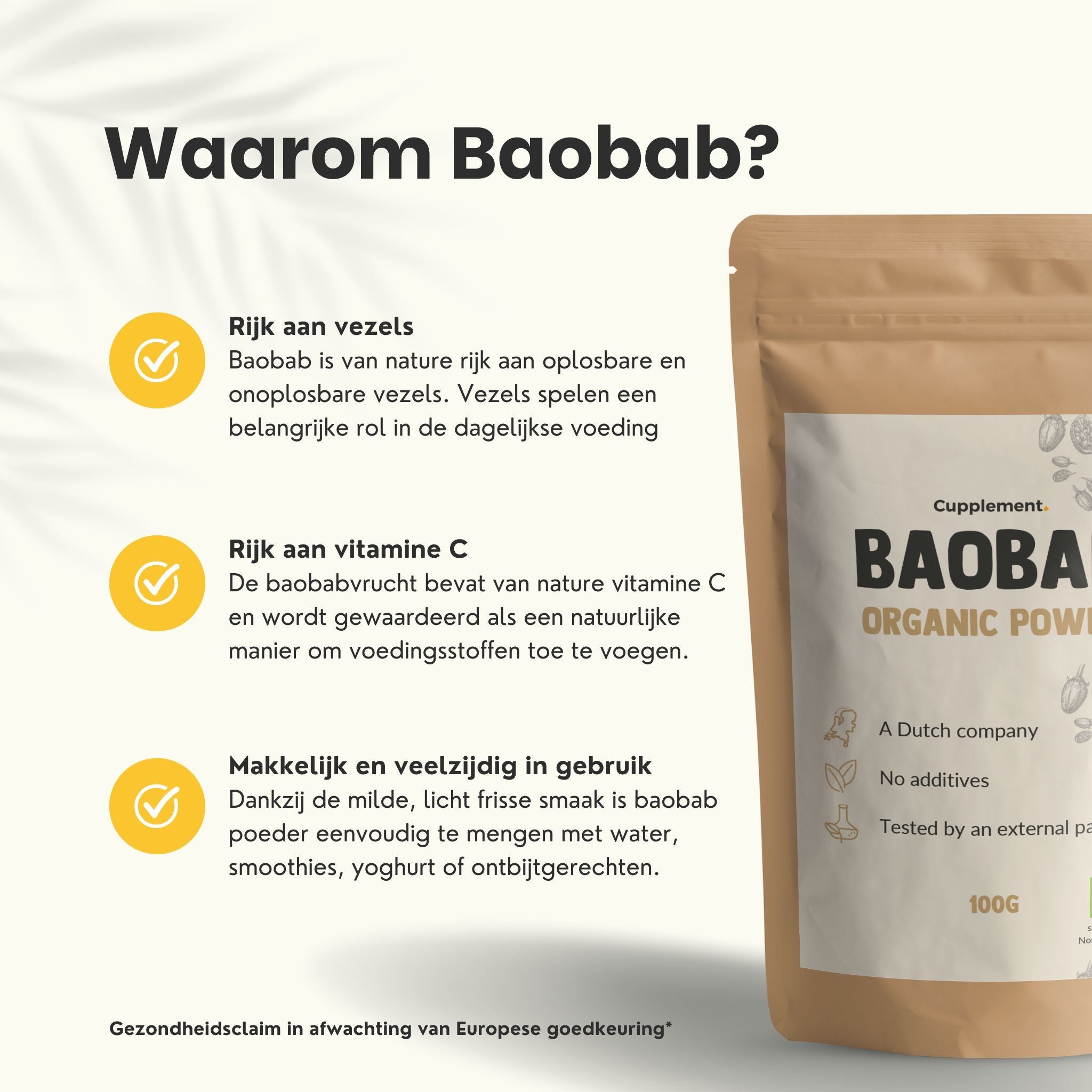 Baobab poeder, baobabvrucht en zaden. Gele markeringen. Tekst: Rijk aan vezels en vitamine C. 100 gram baobabpoeder.