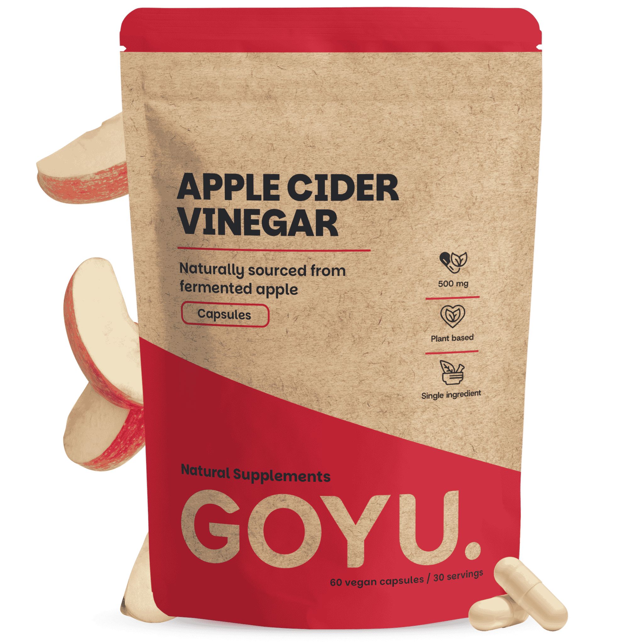 Pochette refermable marron avec capsules de vinaigre de cidre, pommes et gélules.