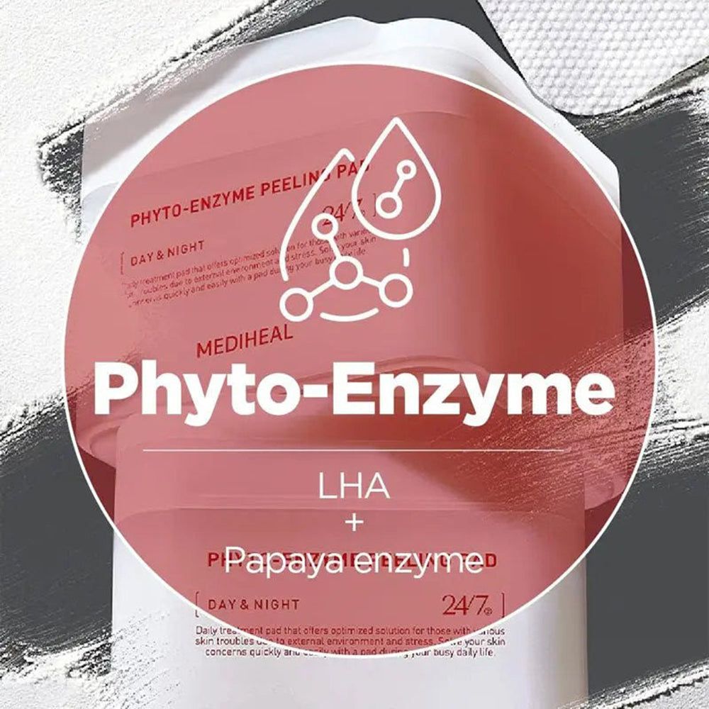 Autocollant rond avec texte "Phyto-Enzyme" et nom du produit. Logo et texte "LHA + Papayaenzymed".