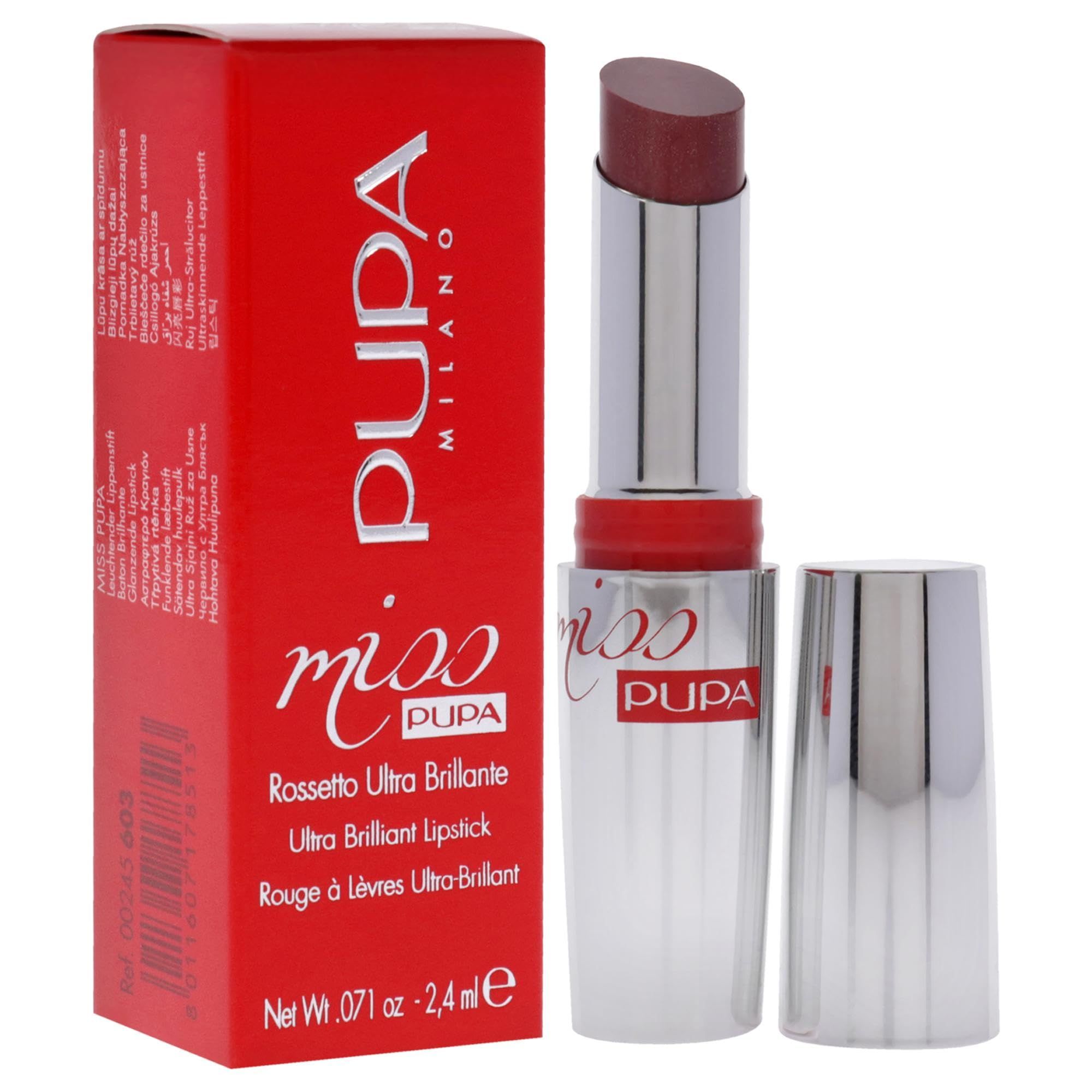 Pupa Rossetto Miss Pupa 603 avec emballage rouge. Rouge à lèvres argenté, ouvert. Rouge à lèvres bordeaux foncé.