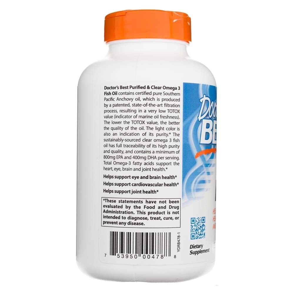 Arrière d'une bouteille d'huile de poisson Doctor's Best Omega 3 avec description du produit et code-barres. Blanc avec bouchon orange.