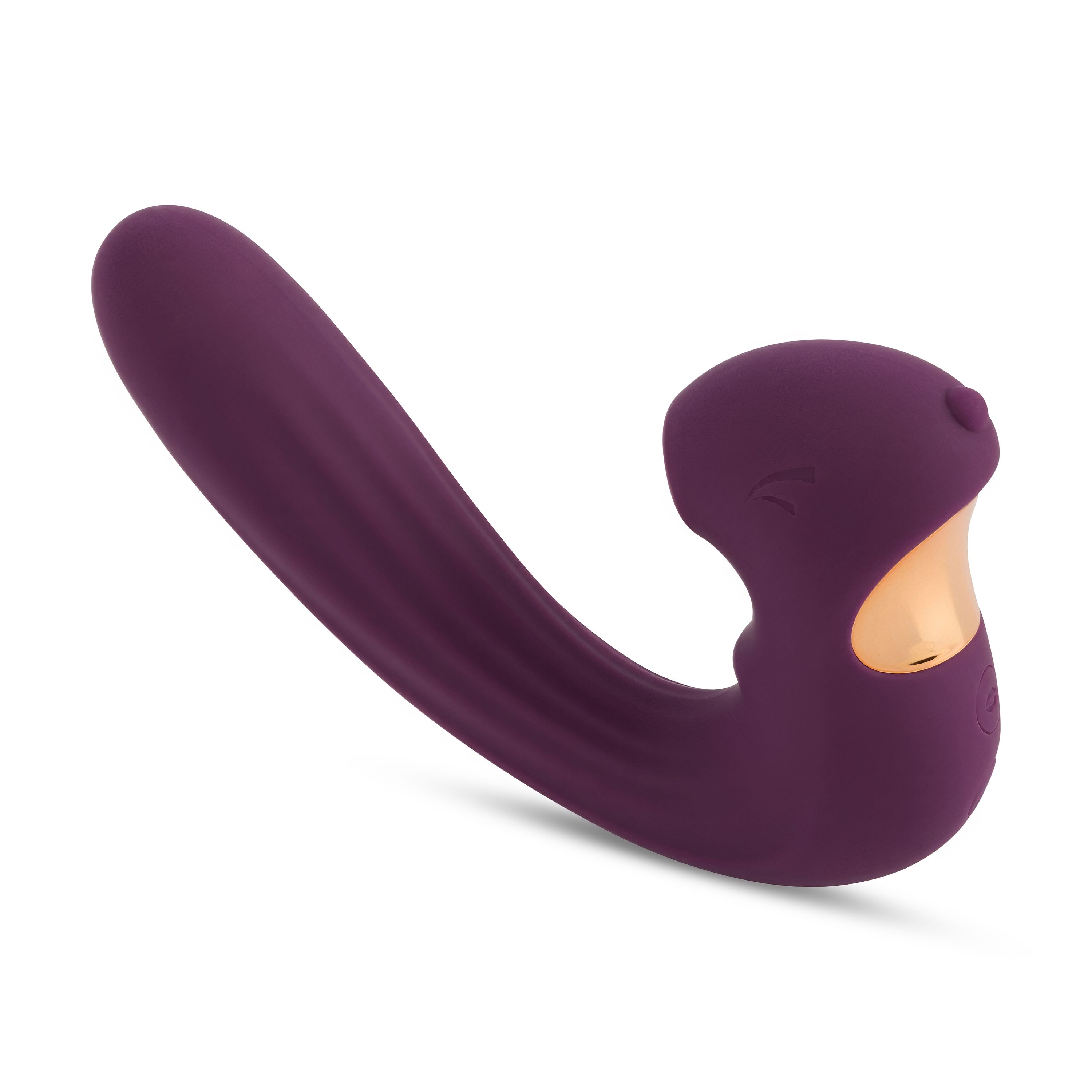 Paarse vibrator met gebogen vorm en geribbelde oppervlakte. Gouden accenten. Op witte achtergrond.