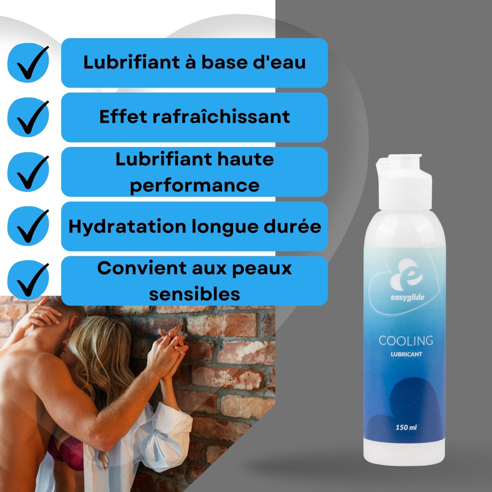 Flacon blanc. Inscription: Easyglide, Cooling Lubricant. Dégradés bleus. 150 ml. Couple s'embrassant.