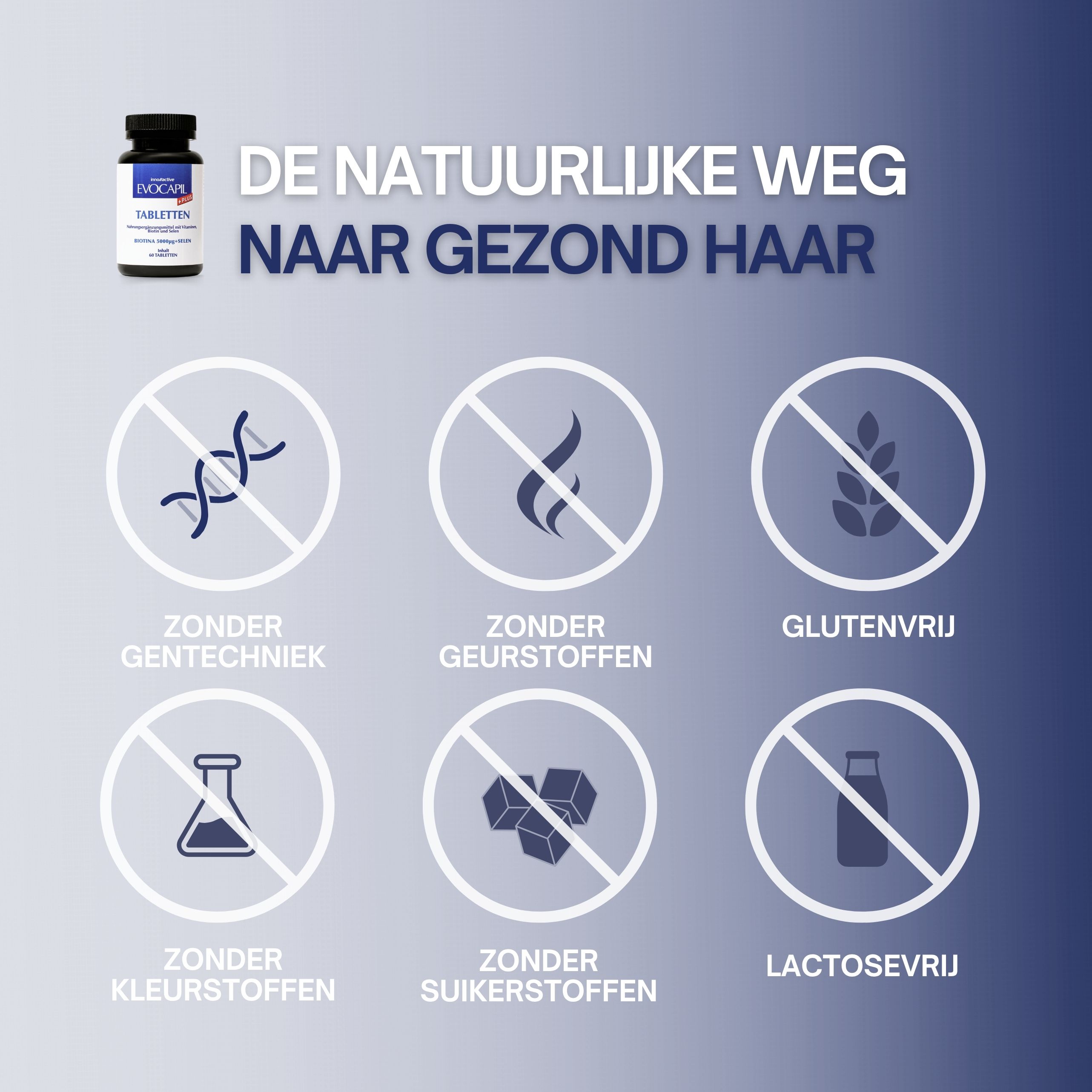 Grafiek met symbolen. Opschrift: De natuurlijke weg naar gezond haar. Zonder genetische manipulatie, geurstoffen, gluten, kleurstoffen, zoetstoffen, lactose.