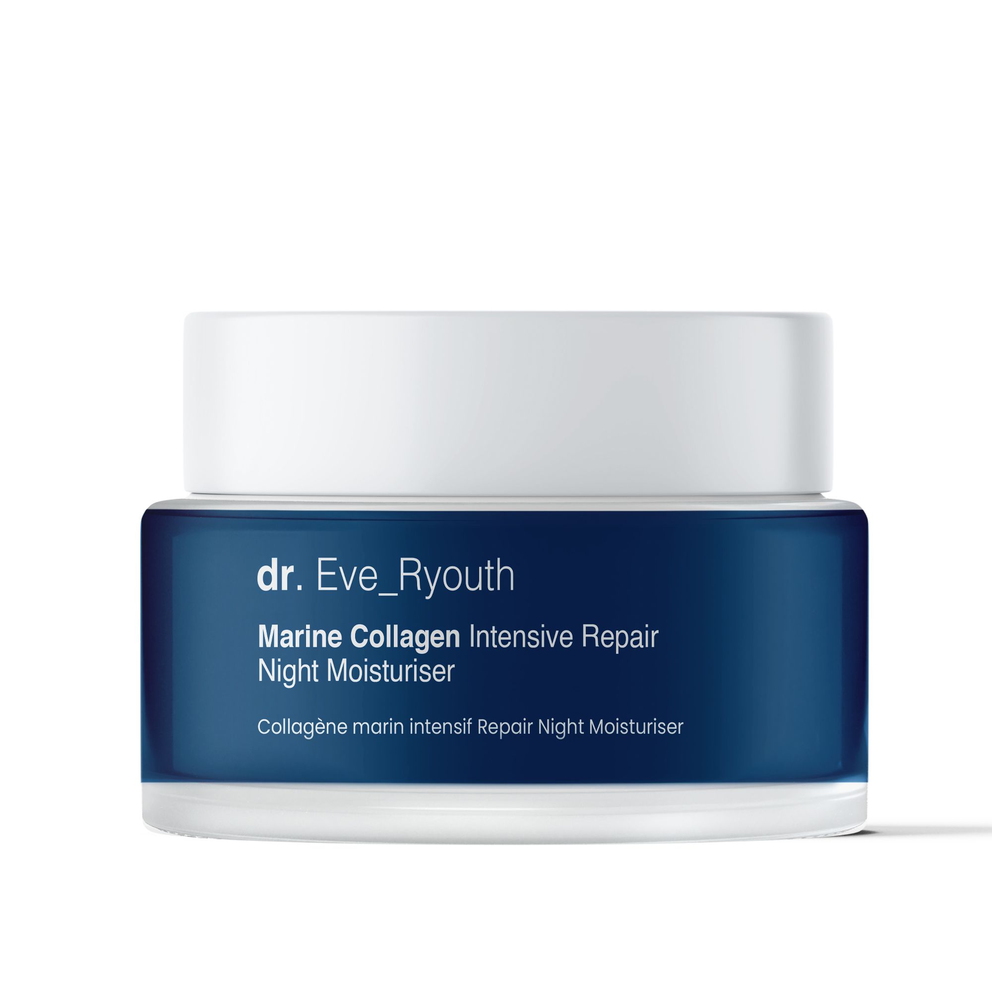Blauwe crèmepot met witte deksel. Opschrift: Marine Collagen Intensive Repair Night Moisturiser. Merk: dr. Eve_Ryouth.