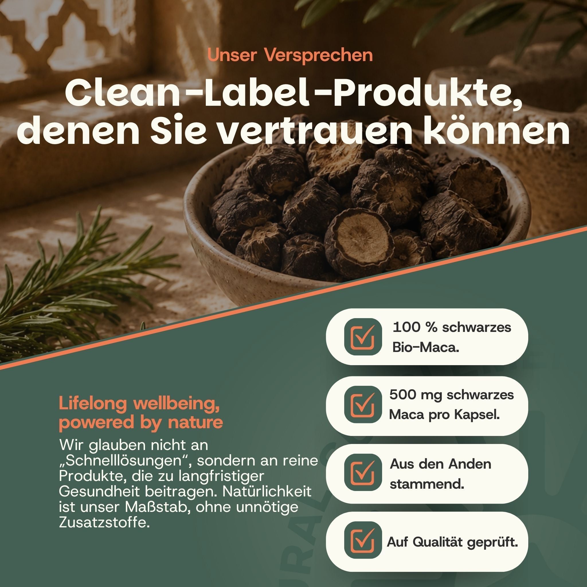 Bol de racines de maca noires. À côté, texte sur les produits à étiquette propre et le contrôle qualité. '100% maca bio noire'.