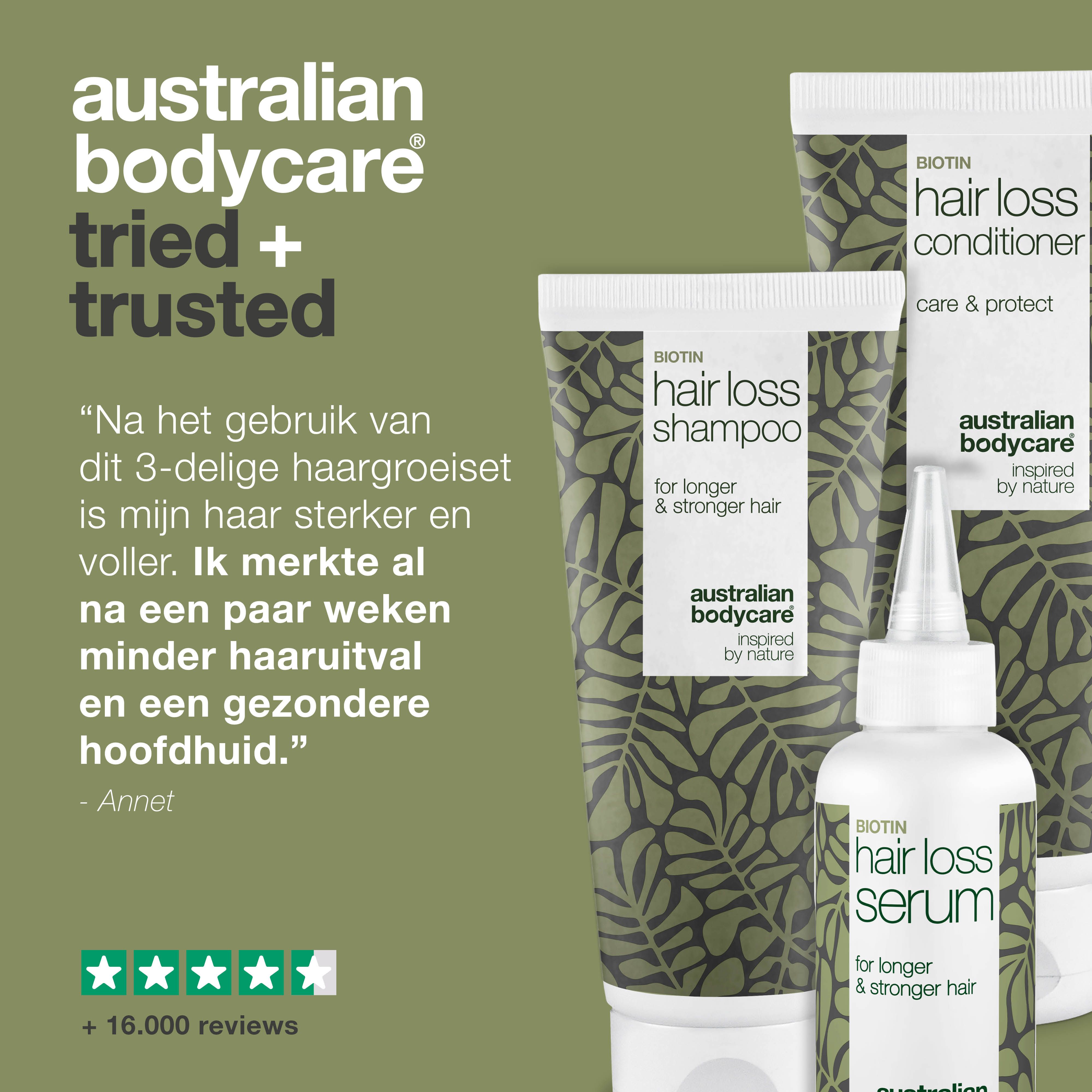 Meerdere afbeeldingen van mensen met producten. Logo van Australian Bodycare. Tekst en groene bladeren.