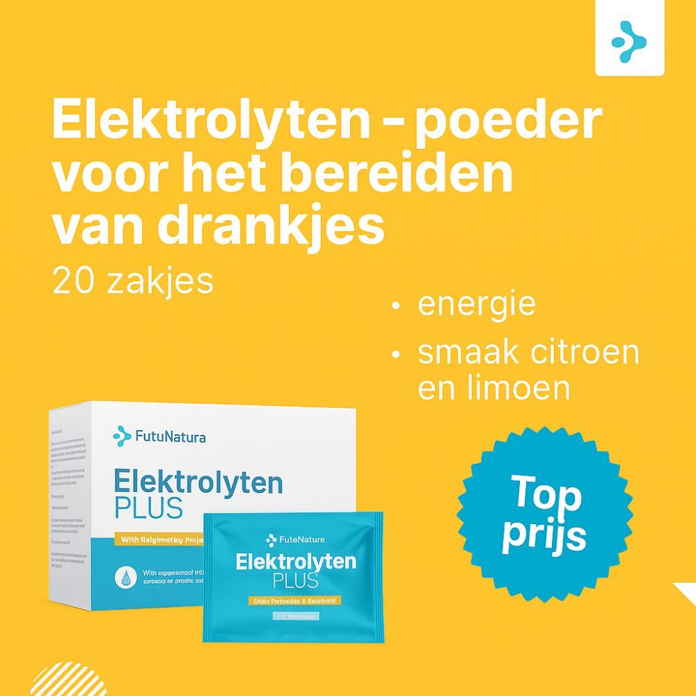 FutuNatura Elektrolyten PLUS. 20 zakjes. Gele achtergrond. Tekst: energie, smaak citroen en limoen. Top prijs. Productafbeelding.