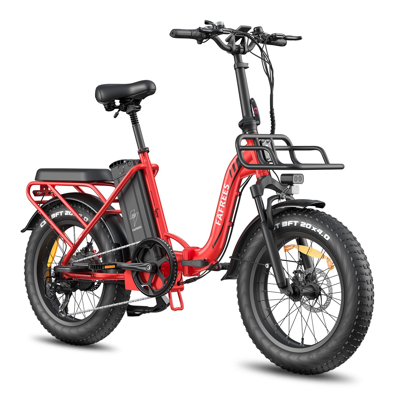 Rode opvouwbare e-bike met zwarte mand, banden en zadel. FAFREES-logo zichtbaar. Met accu en LCD-scherm.