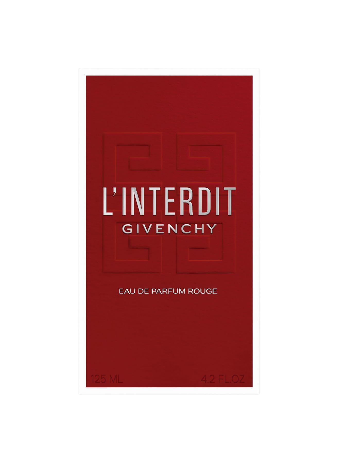 Rode doos. Opschrift: L'Interdit Givenchy Eau de Parfum Rouge. Reliëf logo. Onder: 125 ml en 4.2 FL. OZ.