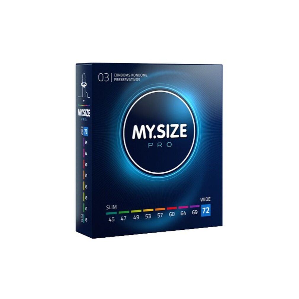 Condoomsverpakking MY.SIZE PRO, maat 72mm. Maten van Slim tot Wide. Zwarte achtergrond met blauw lichteffect. Productnaam.