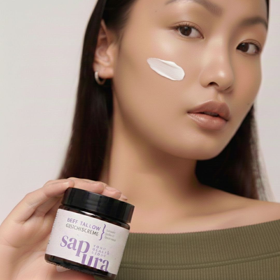 Femme tenant un pot de crème. Crème appliquée sur le visage. Inscription : BEEF TALLOW GESICHTSCREME. Marque : sapura.