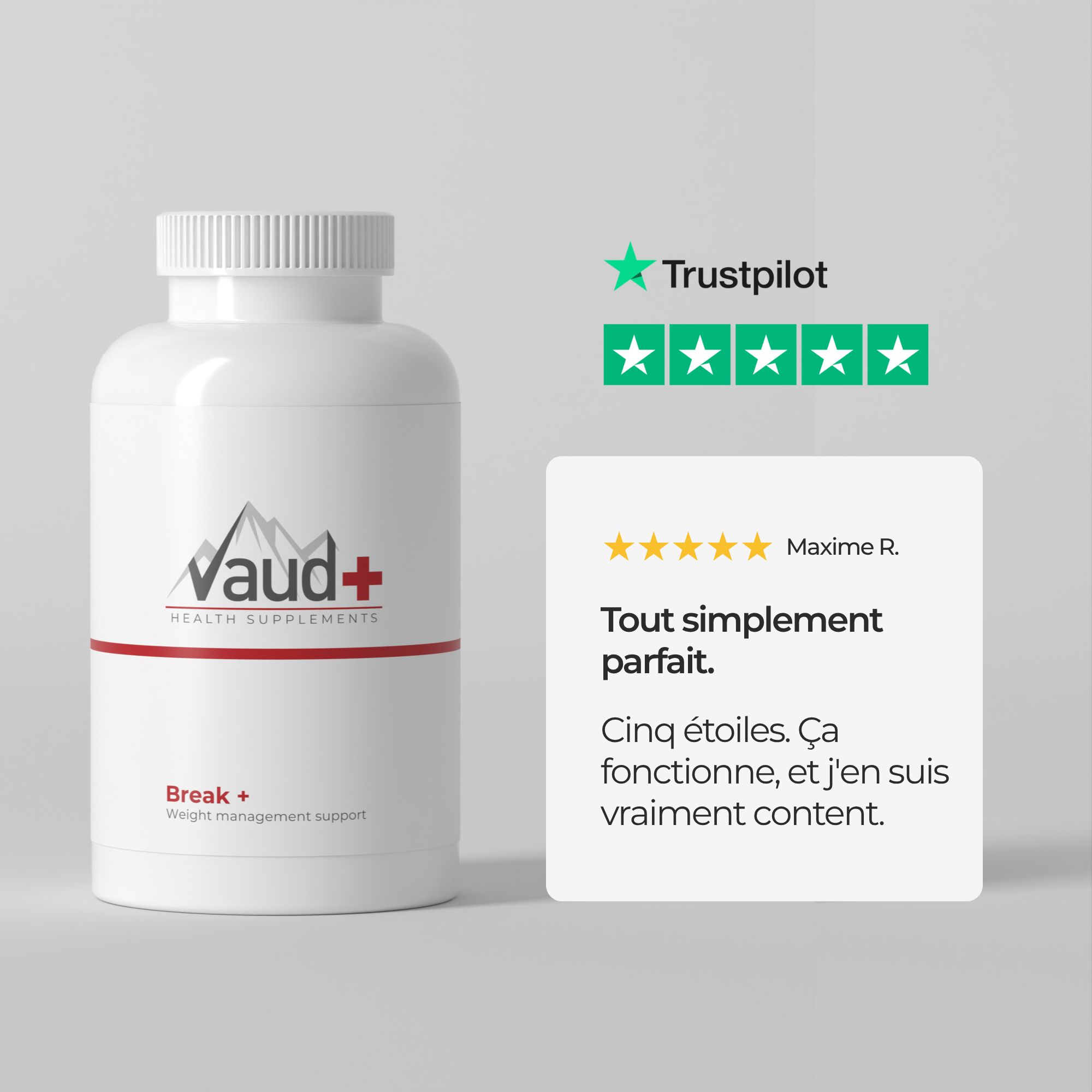 Flacon blanc de gélules. Vaud+ Health Supplements. Évaluation Trustpilot. Texte: Tout simplement parfait.