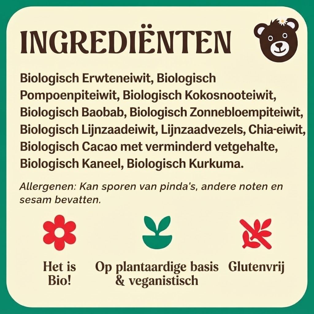 Tekst: 'Niet gearomatiseerd!'. Bestaat uit plantaardige eiwitten, heeft een 'plantaardige vibe'. Berenkop logo.