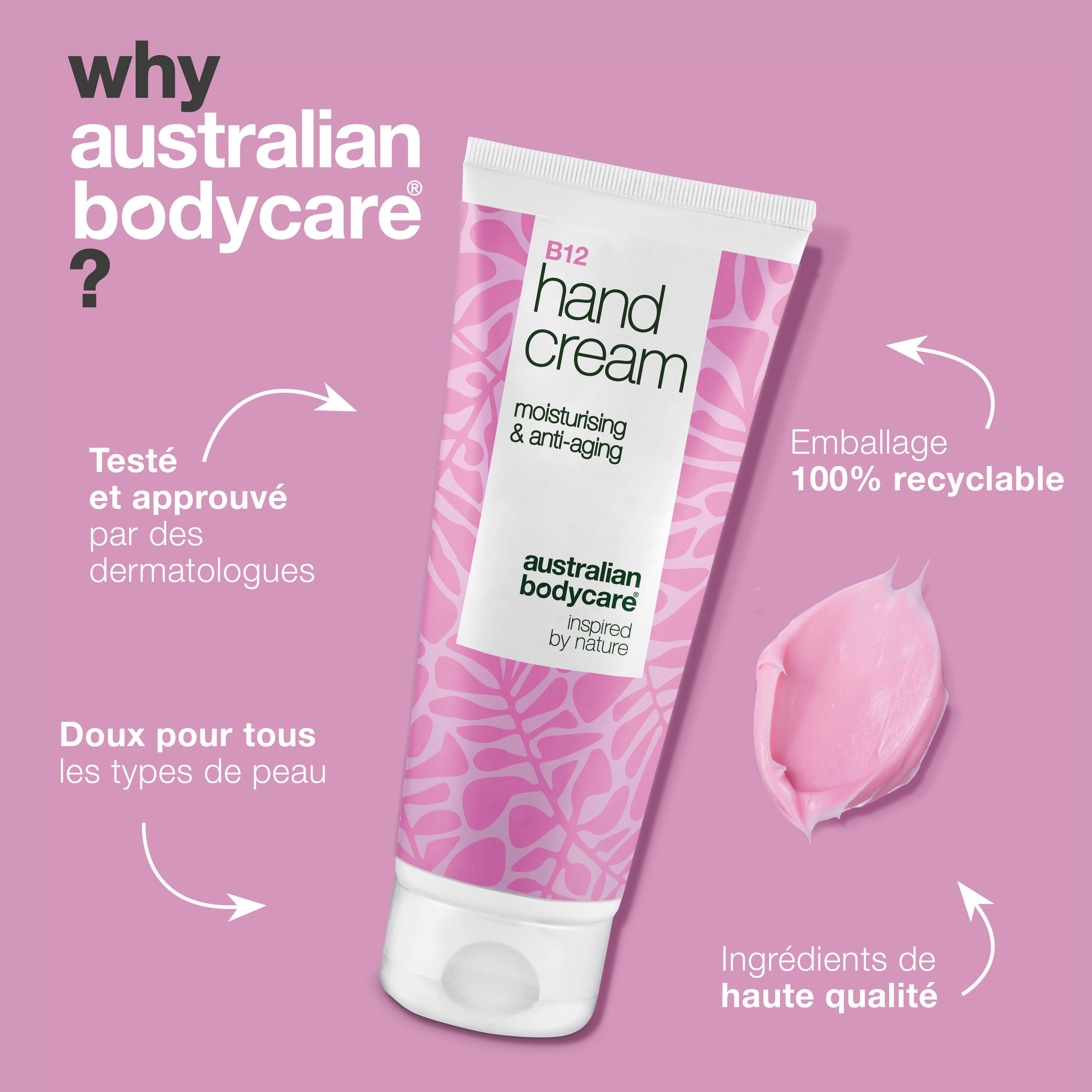 Crème pour les mains B12, hydratante et anti-âge. Design rose avec des feuilles. Marque : Australian Bodycare. Texte : Pourquoi Australian Bodycare ?