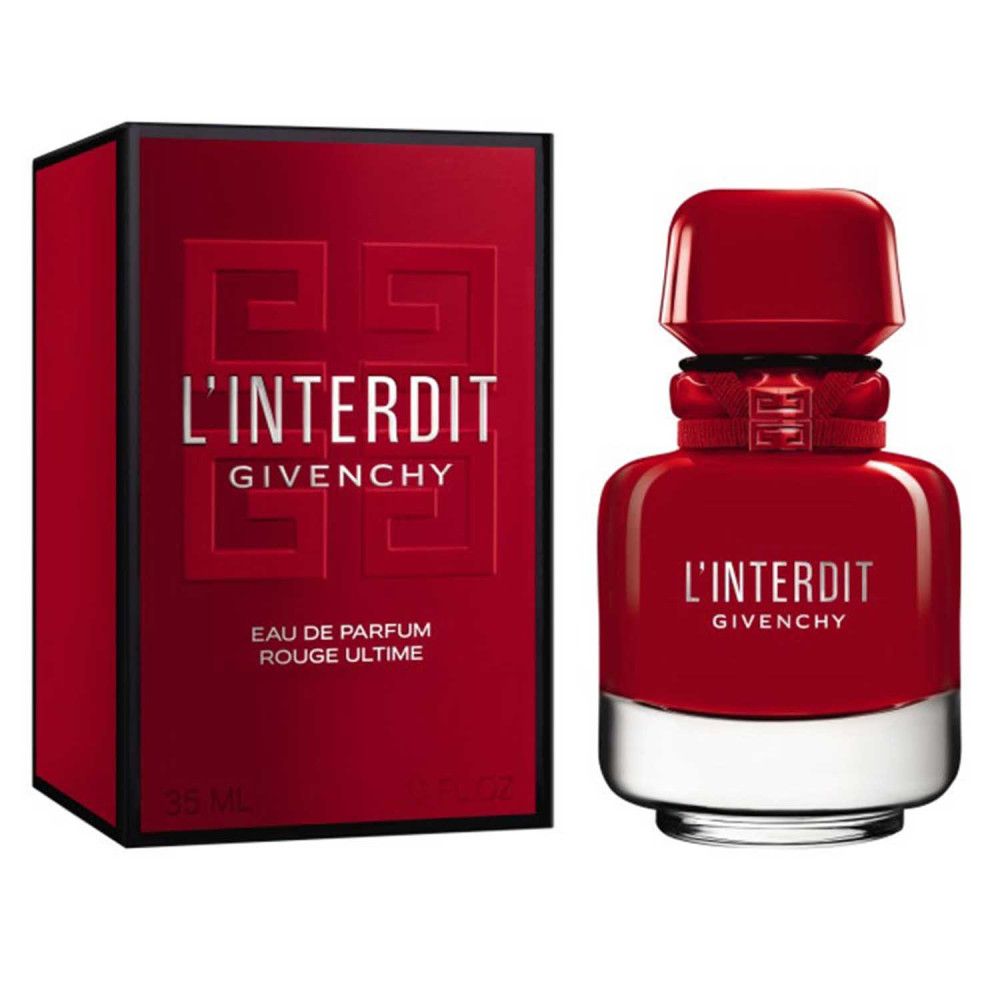 Flacon et boîte rouges Givenchy L'Interdit Rouge Ultime. Flacon avec bague argentée et bouchon rouge. Boîte avec logo.