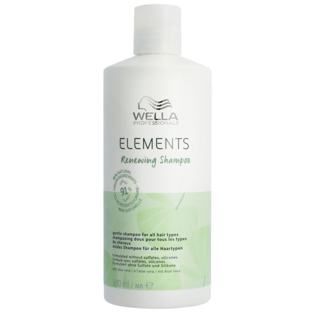 Witte fles Wella Elements shampoo. Opschrift: Renewing Shampoo, 91% natuurlijke ingrediënten. Tekst in het Duits, Frans, Engels.