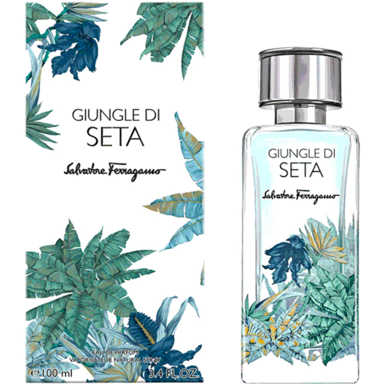 Flacon Salvatore Ferragamo Giungle Di Seta Eau De Parfum avec motif botanique.