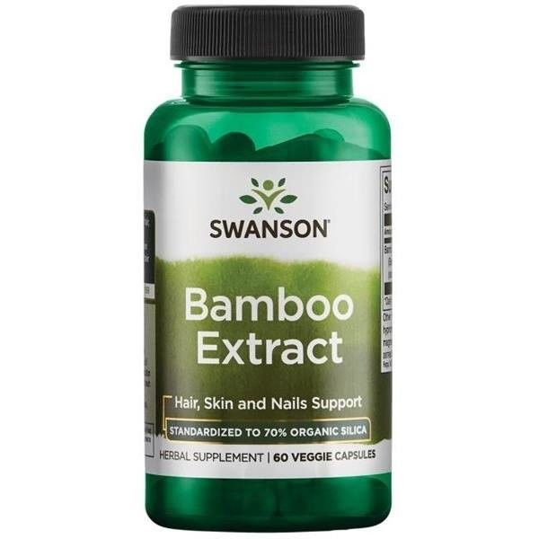 Groene fles Swanson Bamboo Extract. Opschrift: Bamboo Extract, Hair, Skin and Nails Support. 60 Veggie Capsules.