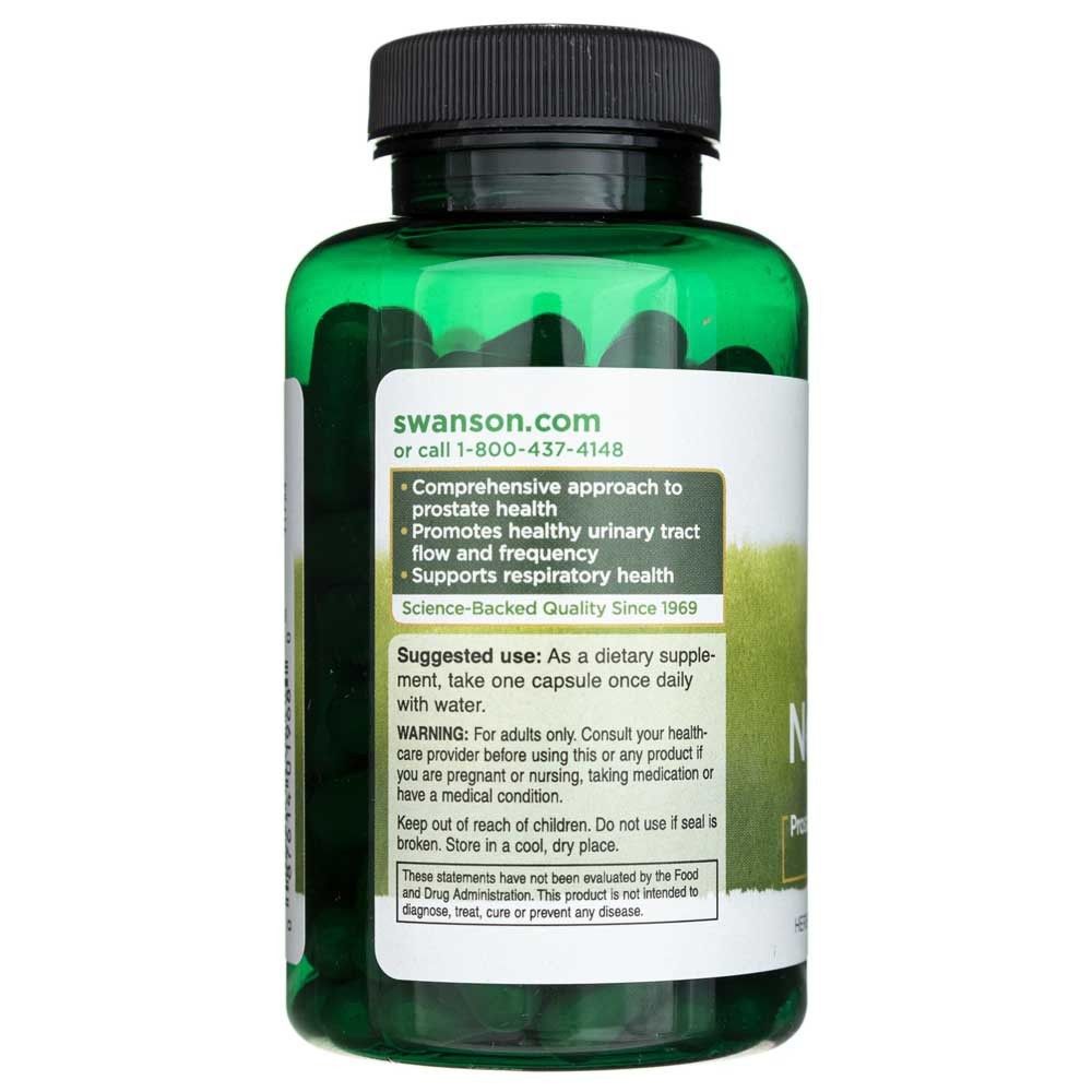 Bouteille verte de supplément Swanson pour la santé de la prostate. L'étiquette indique les instructions d'utilisation et les avertissements.