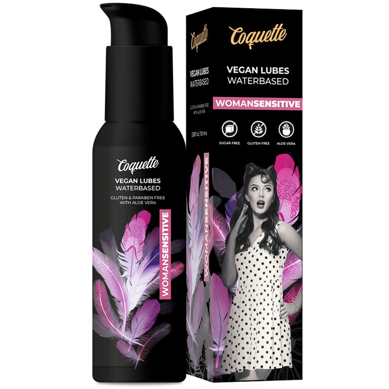 Coquette gel lubrifiant vegan, à base d'eau, WomanSensitive. Flacon noir avec pompe et boîte.