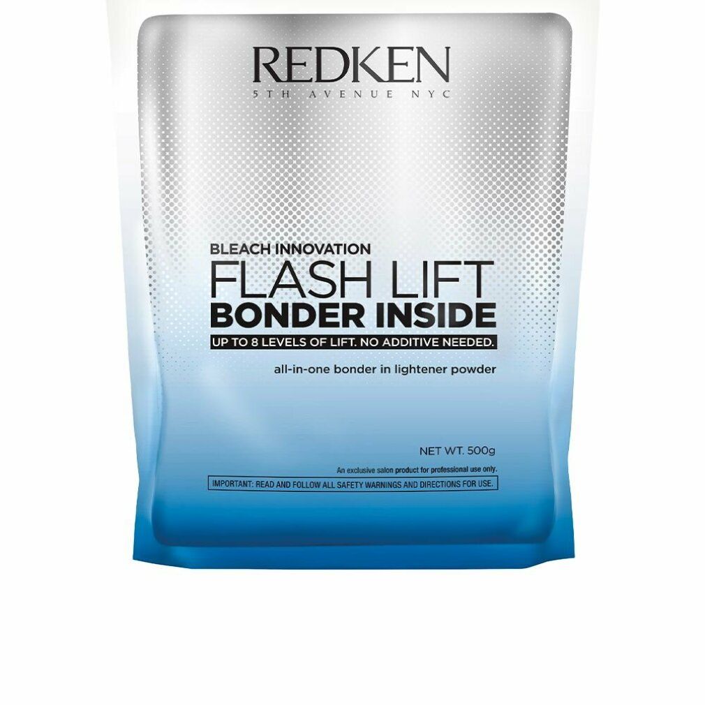 Sachet Redken Flash Lift Bonder Inside. Inscription: Flash Lift Bonder Inside, jusqu'à 8 niveaux d'éclaircissement, aucun additif nécessaire.