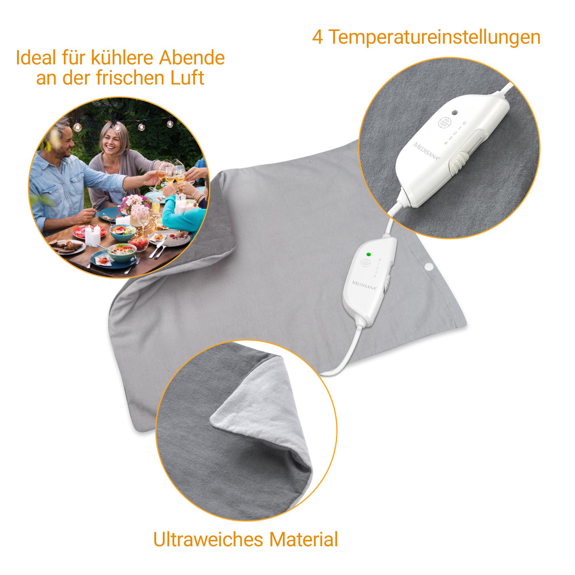 Coussin chauffant gris avec commande, 4 niveaux de température, matière ultra-douce.