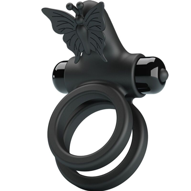 Zwarte dubbele penisring vibrator met vlinderdetail en twee ringen.