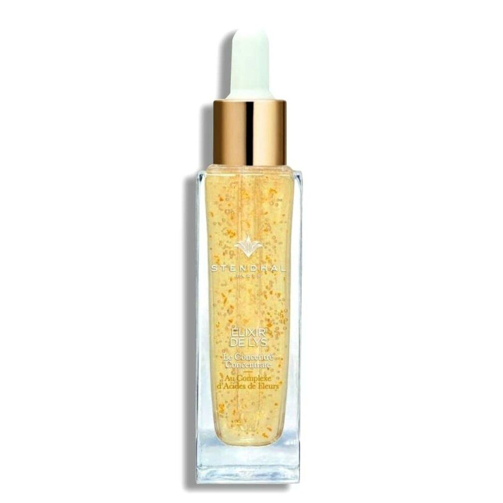 Glazen fles met goudkleurig serum. Opschrift: Élixir de Lys.