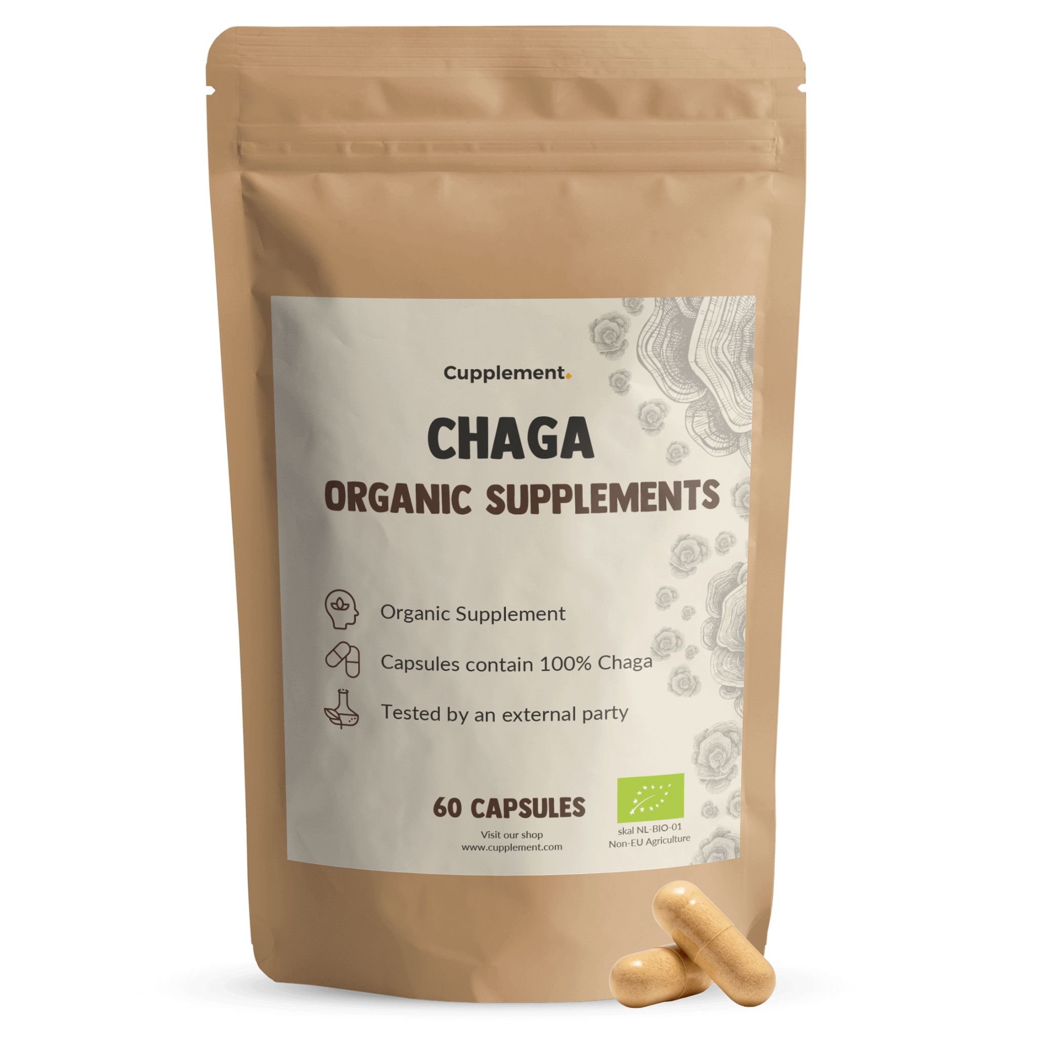 Bruine zak met etiket. Tekst: "Cupplement Chaga Organic Supplements". 60 capsules. Bio-certificering.