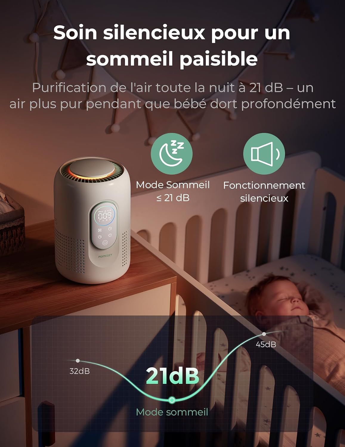 Un purificateur d'air blanc avec écran numérique est placé à côté d'un lit de bébé où un bébé dort. Un graphique indique 21 dB en mode veille.