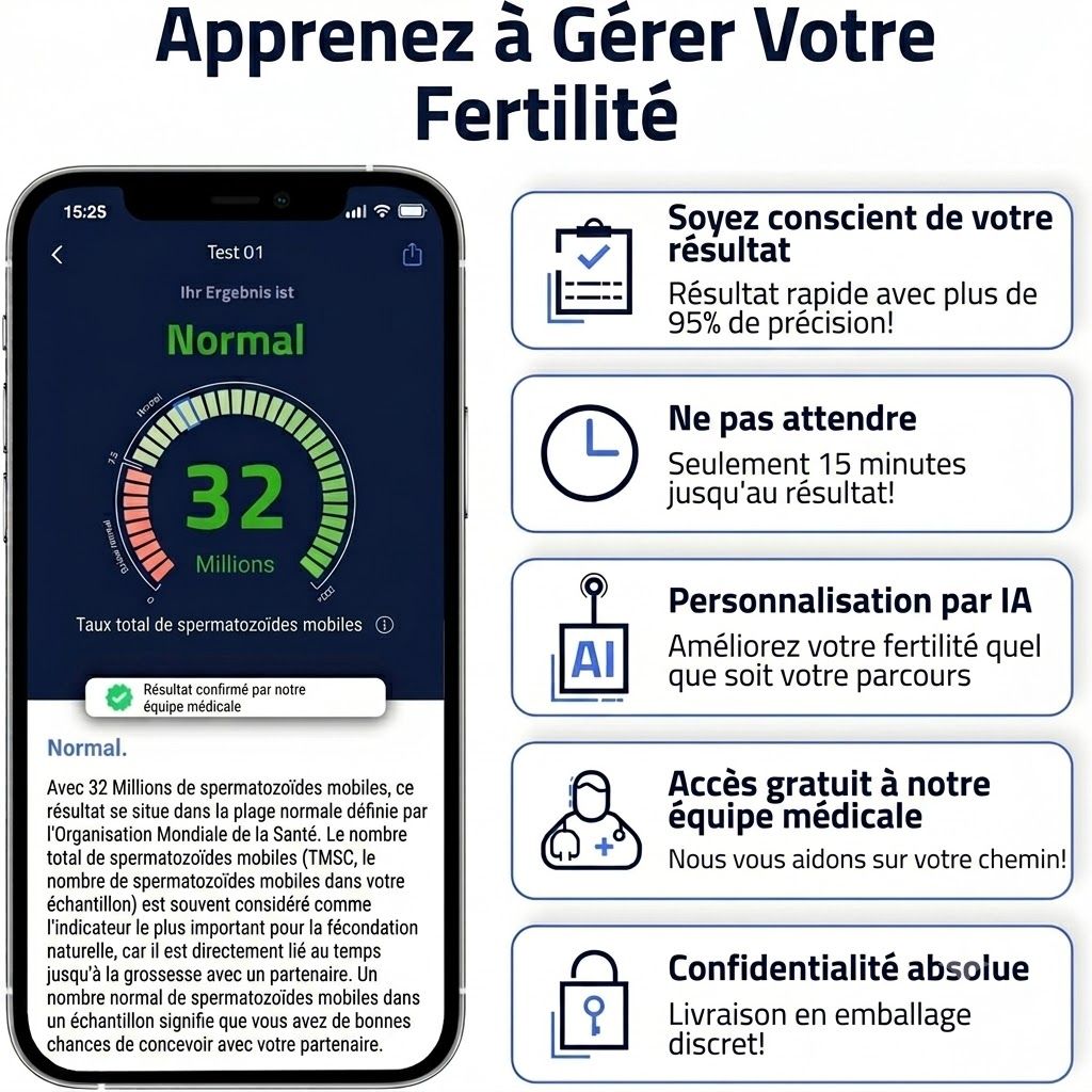 Application smartphone affichant les résultats de fertilité avec 32 millions de spermatozoïdes. Offre des résultats rapides et une personnalisation par IA.