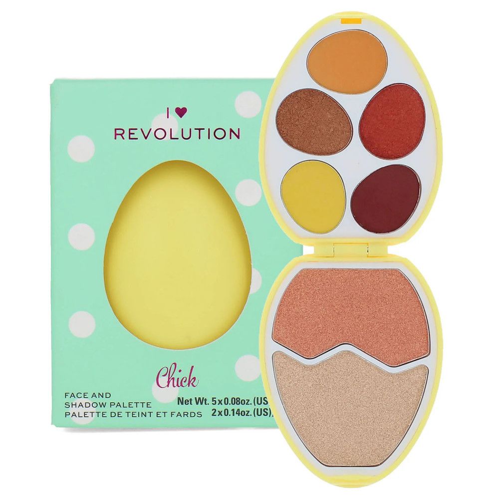 Palette visage et yeux en forme d'œuf, ouverte. Contient fards à paupières multicolores et deux blushs. Emballage avec nom du produit.