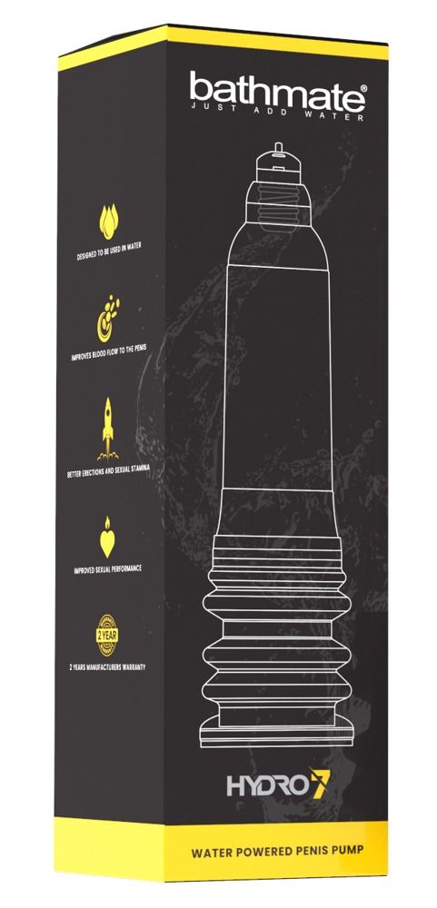 Verpakking van de Bathmate Hydro 7 penispomp met productillustratie en kenmerken.