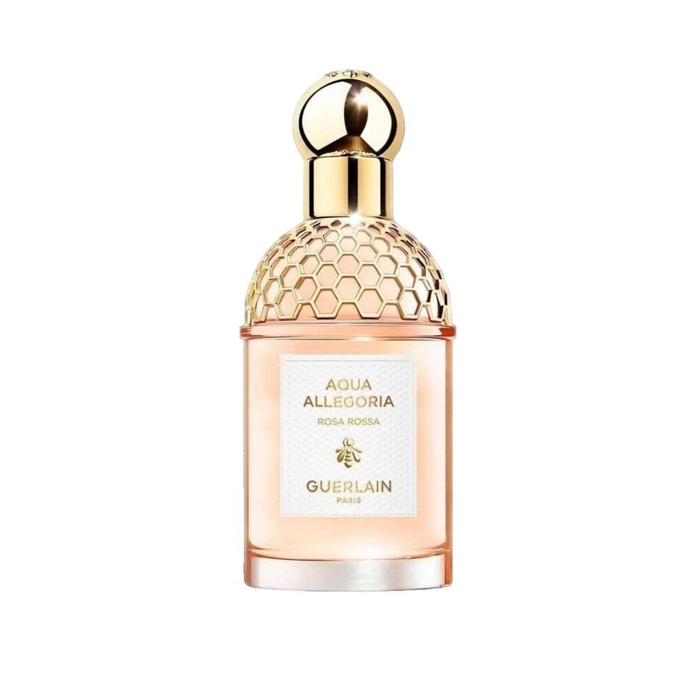 Parfumfles met gouden dop en honingraatmotief. Label met Aqua Allegoria Rosa Rossa en Guerlain.