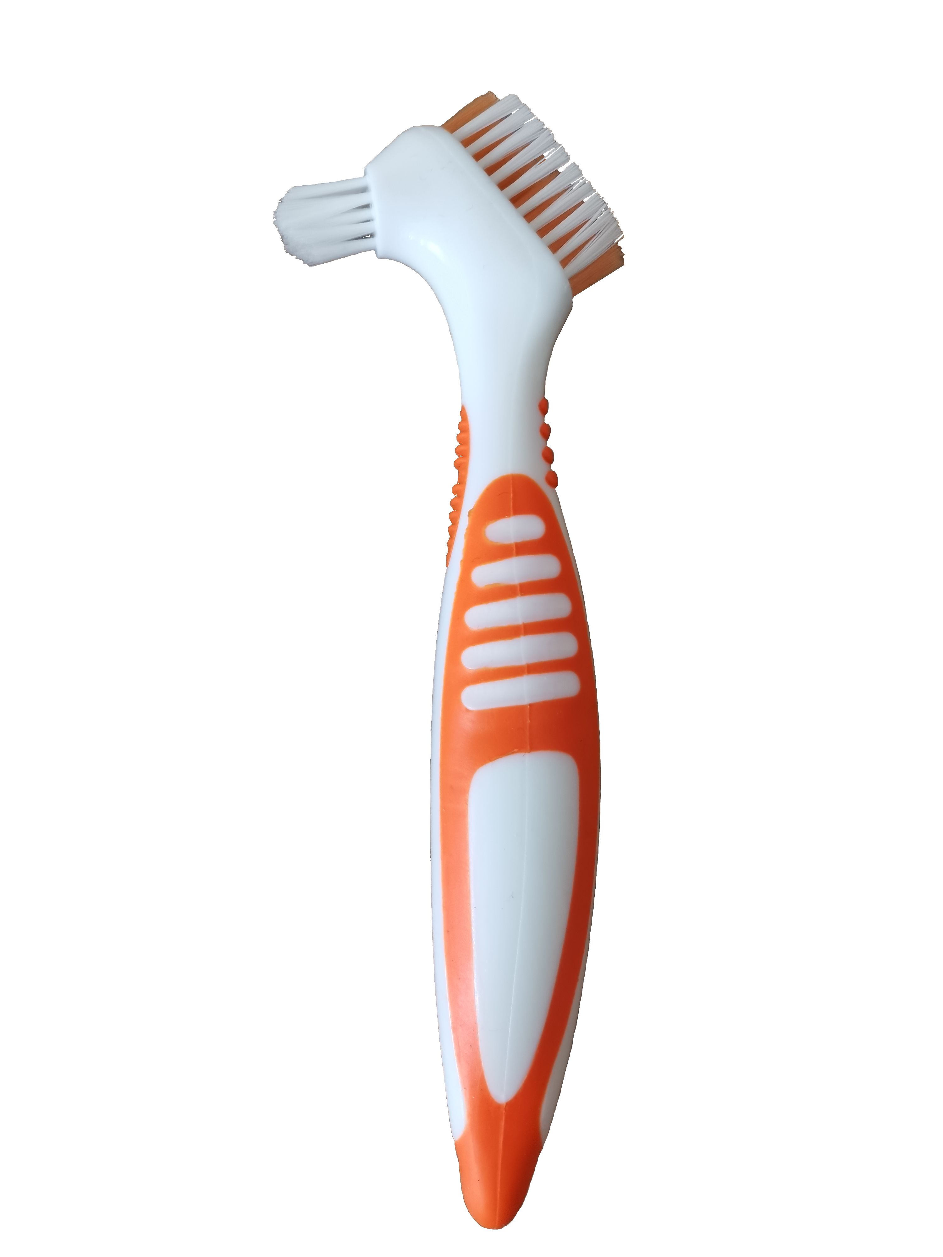 Brosse à prothèse dentaire, manche et poils orange. Tête de brosse en deux parties. Plastique blanc.