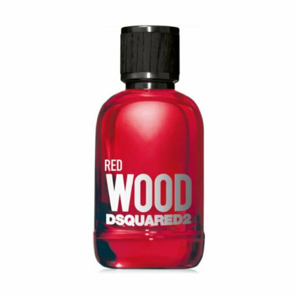 Flacon rouge avec bouchon noir. Inscription: Red Wood, Dsquared2. Flacon de forme arrondie.