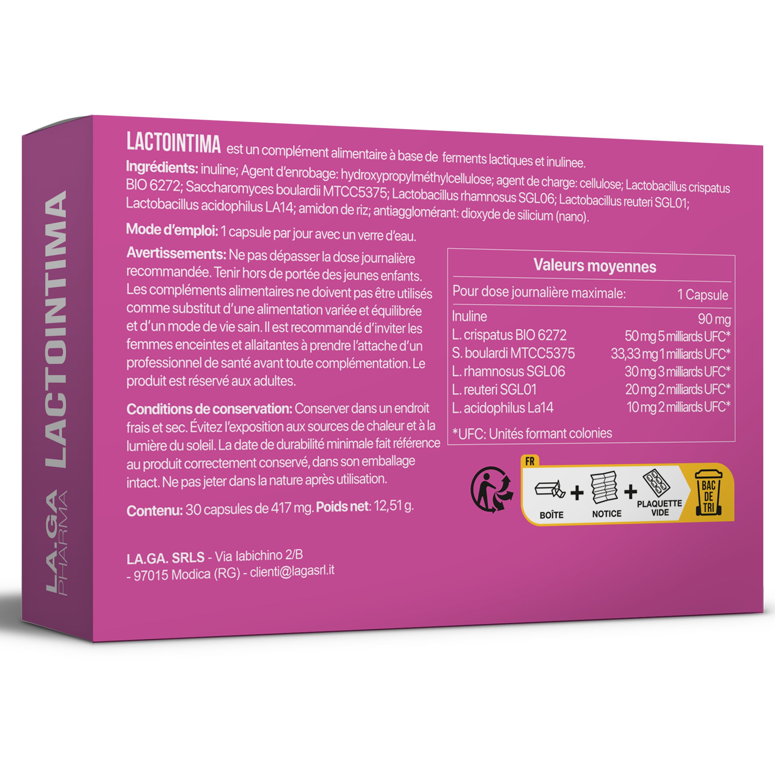 Verpakking: LactoIntima. Ingrediënten, gebruiksaanwijzing, waarschuwingen, voedingswaarden. 30 capsules. Doos.