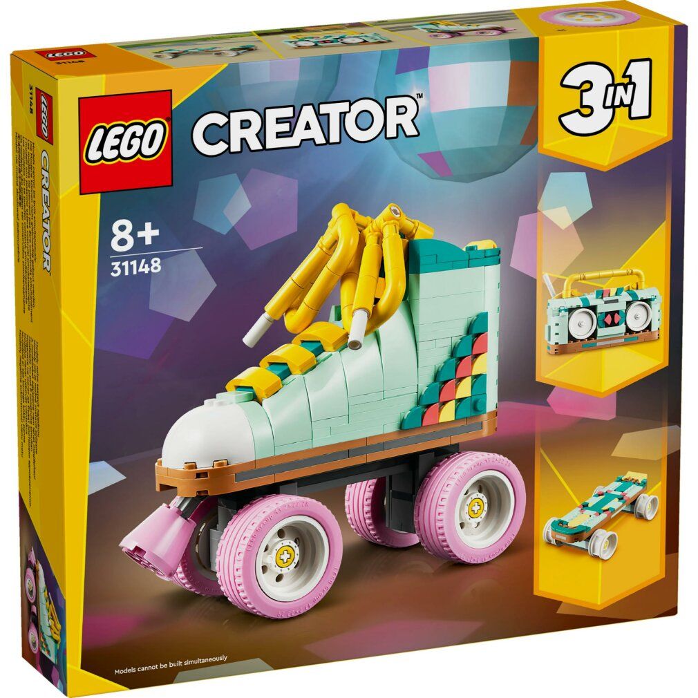 LEGO Creator 3in1. Retro rolschaats van LEGO-stenen. Mintgroen, roze wielen, gele veters. Verpakking.