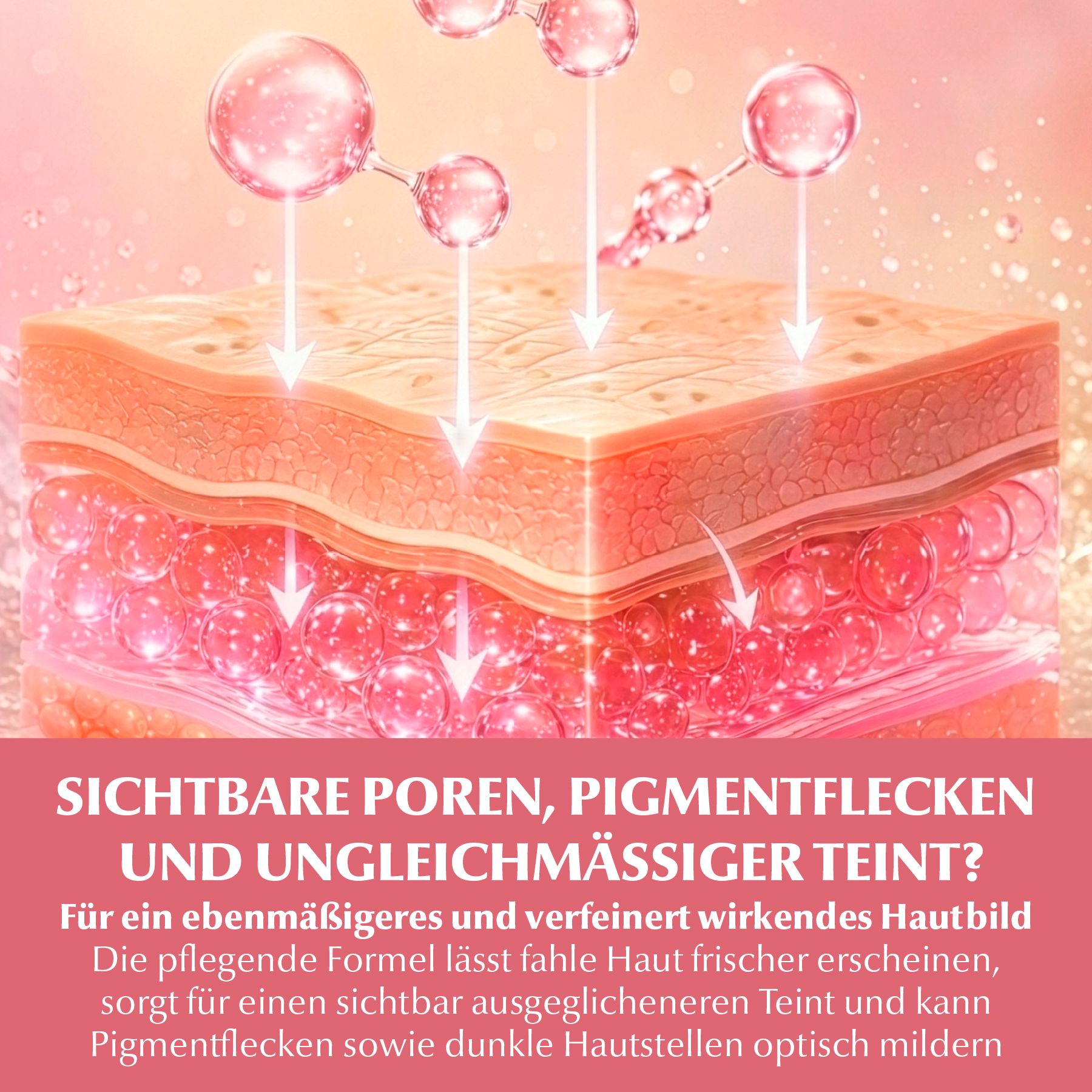 Illustration des couches de peau avec des bulles translucides pénétrant la peau.
